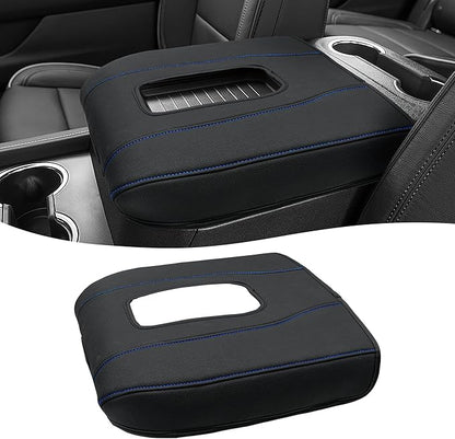 Center Console Armrest Cover for Chevy Silverado 1500 Accessories & GMC Sierra 2019-2026, Yukon & Tahoe & Suburban 2021-2026, Bucket Seat, PU Leather Middle Console Lid Cover Pad, Black-Blue Stitch