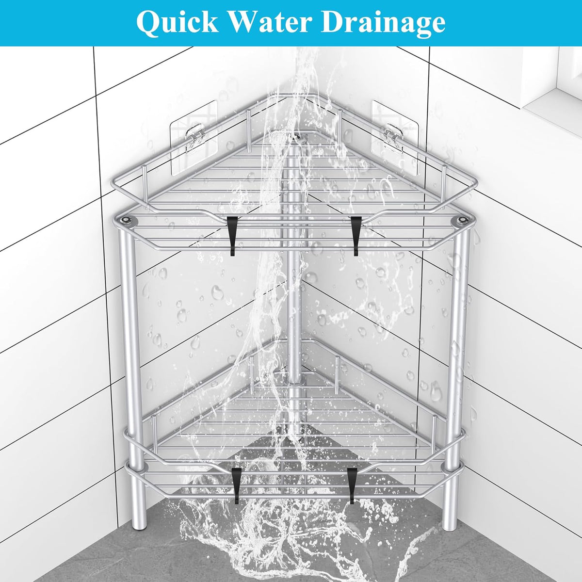 2 Tier Floor Standing Corner Shower Caddy Organizer Shelf with Hooks, Bathroom Shelves Stand Rack, Silver
