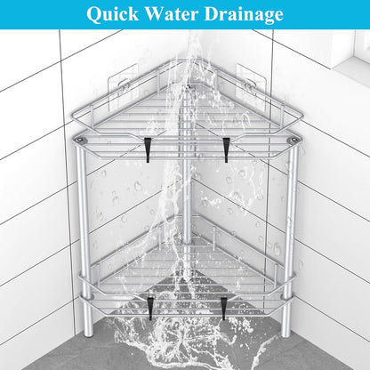 2 Tier Floor Standing Corner Shower Caddy Organizer Shelf with Hooks, Bathroom Shelves Stand Rack, Silver