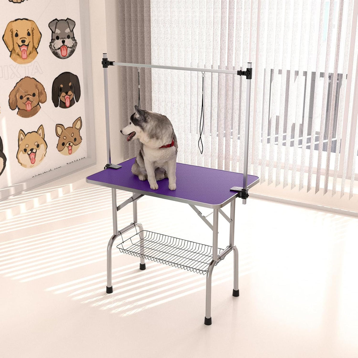 42" Dog Grooming Table Foldable Pet Grooming Tables with Adjustable Arm Noose Storage Mesh Tray Maximum Capacity Up to 330lbs Purple
