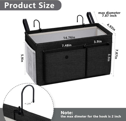 Bedside Caddy Bedside Organizer with Fixed Straps & Water Bottle Holder, Bunk Bed Caddy ideal for Home, Dorm, Hospital, Crib, Versatile Bedside Storage Solution (Black)