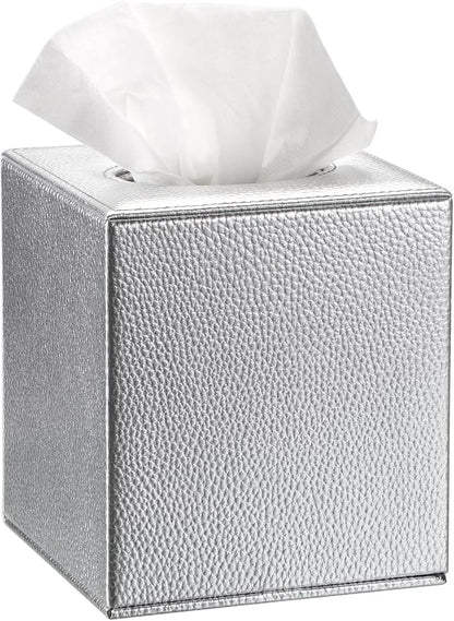 Sumnacon Tissue Box Cover Square Tissue Box Stylish PU Tissue Box Holder with Magnetic Bottom, Leather Cube Tissue Cover for Living Room Bathroom Bedroom Table Desk Home Office Car, Silver
