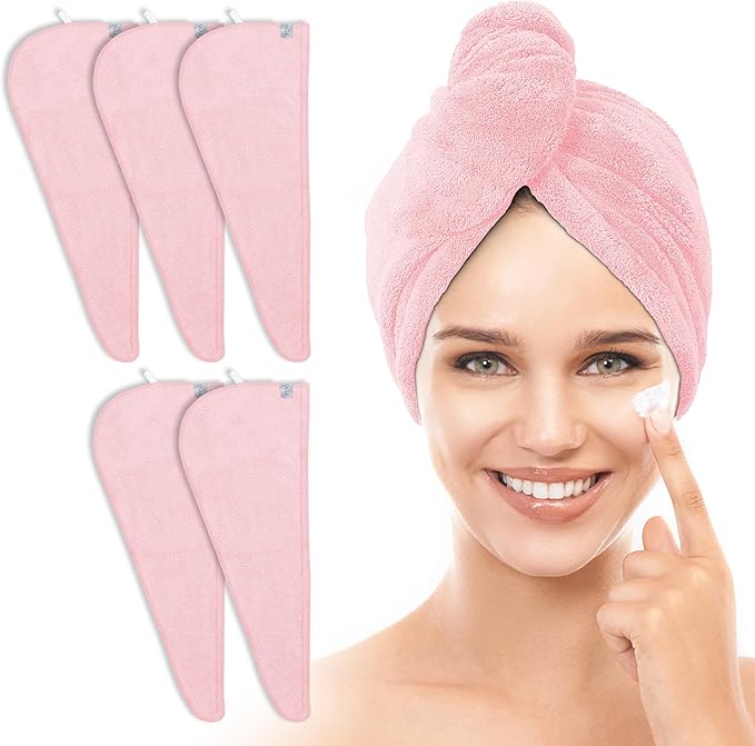 TENSTARS 5 Pack Thicken Microfiber Hair Towel Wrap for Women - Elastic Loop Design - 320GSM Coral Velvet - Quick Dry Hair Turban - 11x28 Inch (Pink)