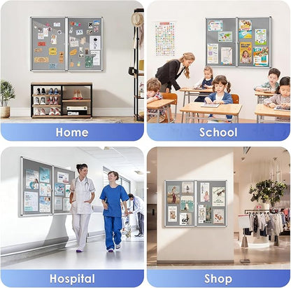 SWANCROWN Enclosed Bulletin Board 36x24 in, Tamperproof Lockable Grey Felt