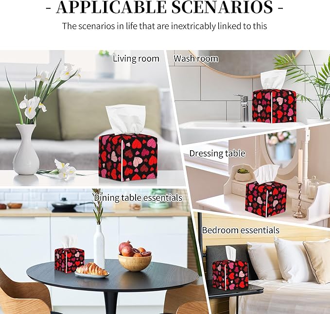 Tissue Box Cover, Colorful Hearts Pu Leather Square Tissue Box Cover Case Organizer Cube Box Holder for Bathroom Vanity Countertop, Night Stands, Office Desk & Car 5.2X5.2X5.2''