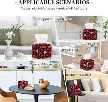 Tissue Box Cover, Colorful Hearts Pu Leather Square Tissue Box Cover Case Organizer Cube Box Holder for Bathroom Vanity Countertop, Night Stands, Office Desk & Car 5.2X5.2X5.2''