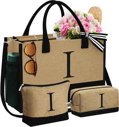 YOOLIFE Christmas Gifts for Women - Initial Jute Tote Bag & 2 Makeup Bags Personalized Gifts for Women Teacher Mom Friend
