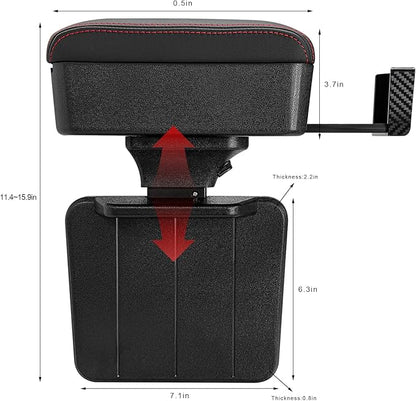 Car Armrest Storage Box with Cup Holder, Adjustable Leather Auto Seat Gap Filler Armrest Extender Pad, Liftable Forearm Wrist Support Center Console Storage Case for SUV Truck (Black & Red)