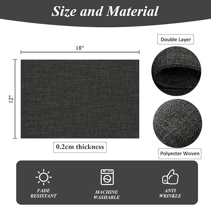 SHACOS Washable Cloth Placemats Set of 4 Cotton Linen Double Layer Thickened Machine Washable Table Mats Non Slip Heat Resistant Fabric Place Mats for Dining Table, Black