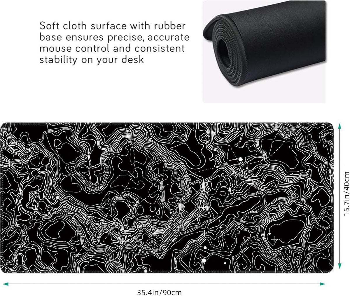 Black with White Topographic Line Large Mouse Pad,Gaming Keyboard Desk Pad,Extended Mouse Mat Non-Slip Rubber Base with Stitched Edges for Office Game Home XXL 35.4"x15.7"