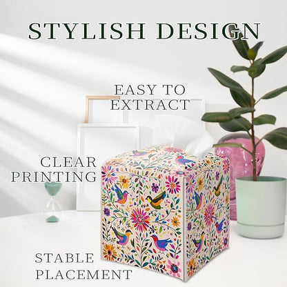 Floral Bird Tissue Box Holder, Scandinavian Leather Tissue Box Cover Square with Bottom Belt, Paper Napkins Everyday Dispenser for Bathroom Night Stands Kitchen Office Car Home Decor