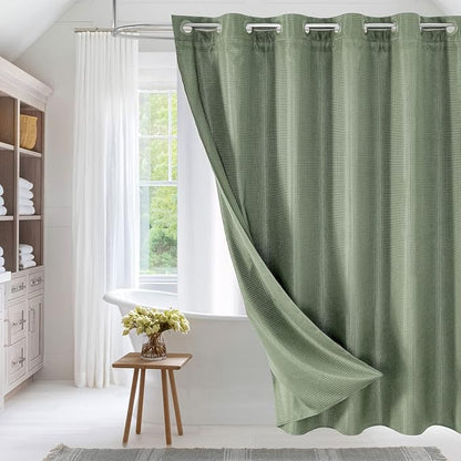 MitoVilla No Hooks Required Sage Green Waffle Shower Curtain Liner Set, Modern Heavyweight Fabric Shower Curtain Set with Snap-in Liner for Hotel Grade Spa-Like Bathroom Decor, 72 x 74