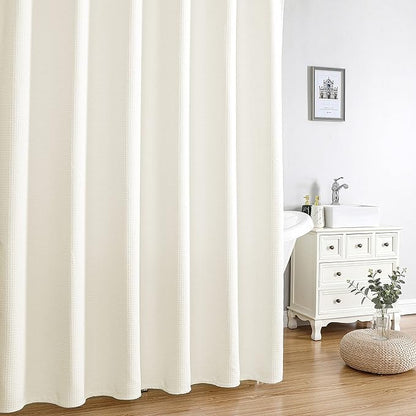 MISS SELECTEX Machine Washable Cloth Shower Curtain, Matt Waffle Durable Thick Cloth Shower Curtain for Bathroom,Premium Water Repellent Fabric Luxury Spa Hotel Shower Curtain(72Wx78H,Ecru/Beige)
