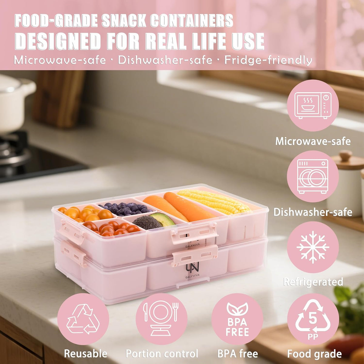 Stackable Snackle Box Container with 2 Lids, 14 Compartments - BPA-Free Snackle box Organizer, Dishwasher & Microwave Safe Reusable Snacklebox for Veggies, Fruits, Charcuterie, Snacks (Pink, 2 Pack)