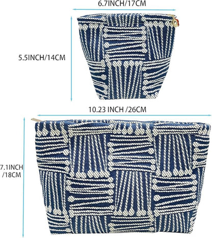 getgto 2 Pcs Makeup Bags, Large Cosmetic Bag Travel Toiletry Bag Organizer for Women, Embroidery Craft, Stripe Makeup Bag Small Cosmetic Pouch Purse with Zipper Gifts for Girls Teen