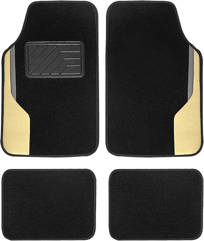 FH Group Color-Block Carpet Car Floor Mats – Non-Slip, Faux Leather Accents, Universal Fit for Sedan, SUV & Truck – Full Set Beige