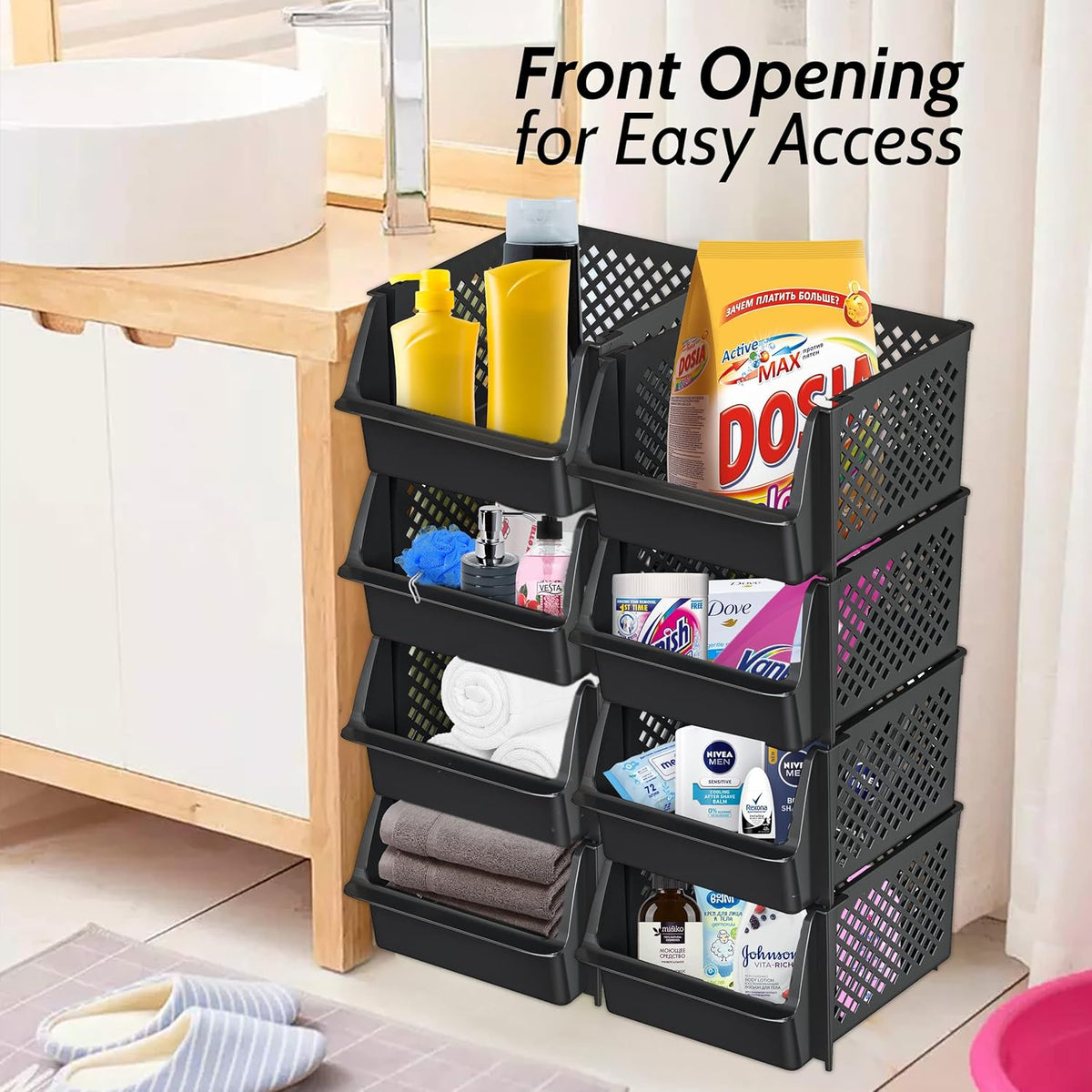 TidyFriend Stackable Storage Bins for Pantry Organizers and Storage 4 Pack, Pantry Storage for Food, Kitchen and Home Organization (Black)