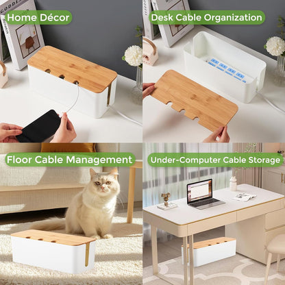 Cable Management Box 2 Pack, Cord Cable Organizer Box with Bamboo Lid, Under Desk Cable Management with 10 Cable Ties and 2 Cable Clip Holders for TV Router Computer USB Hub