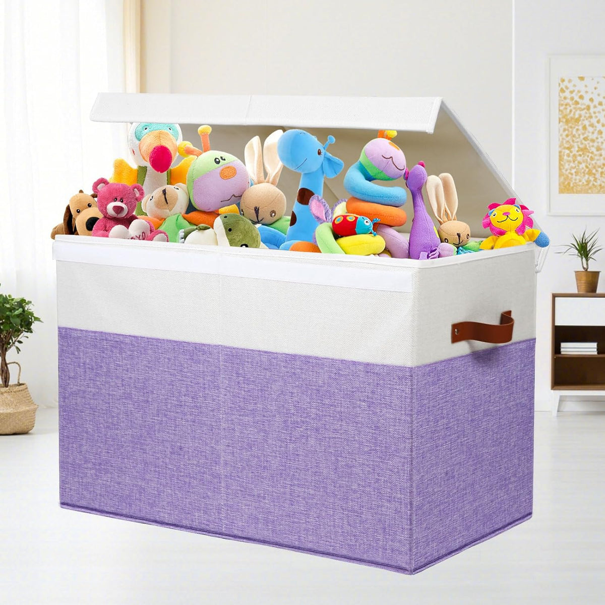 Large Toy Box with Lid, Sturdy Toy Storage Chest Bin Boxes Organizer Basket with Dividers for Toddlers, Kids, Boys, Girls, Nursery, Living Room, Bedroom, Playroom 25"x13" x16" (Purple and White)