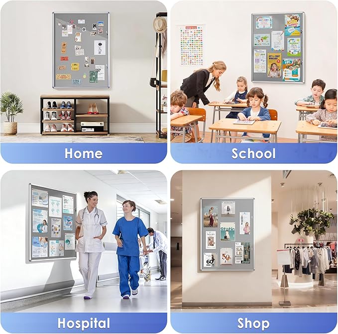 SWANCROWN Enclosed Bulletin Board 48x36in, Tamperproof Lockable Grey Felt Board