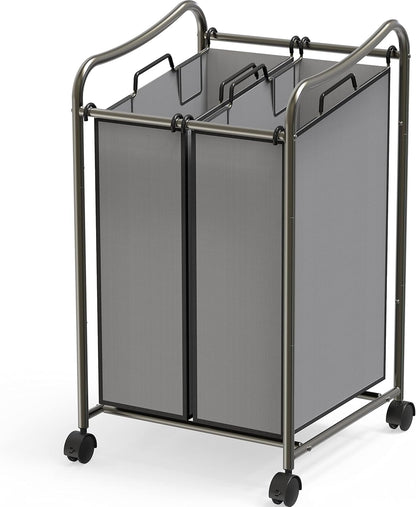 Simple Houseware 2-Bag Heavy Duty Rolling Laundry Sorter Cart, Dark Gray – 2 Section Removable Bags and Lockable Wheels for Laundry Room Organization