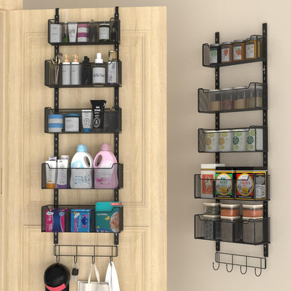 Over The Door Organizer, Metal Door Organizer Hanging with 5 Adjustable Baskets and Coat Hook, Behind The Door Storage for Bedroom Closet Bathroom Pantry Cabinet Kitchen, Black