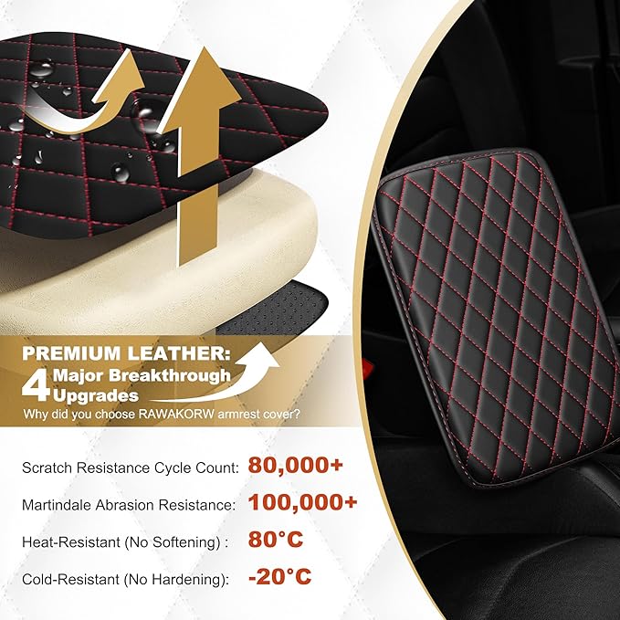 Center Console Cover for TSX: Armrest Cover for Car with 2 Storage Bags - Scratch & Wear Resistant & Waterproof Leather Console Cover,Anti-Scratch Auto Armrest Pad Accessory （Black&Red