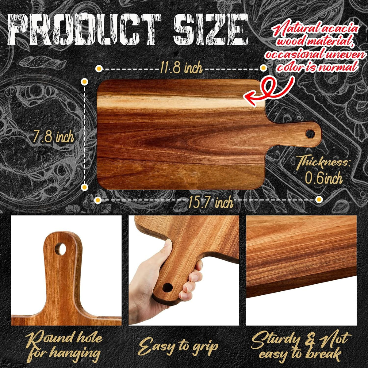 Nuenen 20 Pcs Wood Cutting Board with Handle 15.7 x 7.8 Inch Acacia Bamboo Wooden Serving Kitchen Chopping Boards for Pizza, Bread, Cheese, Charcuterie, Fruit, Vegetables(Acacia)
