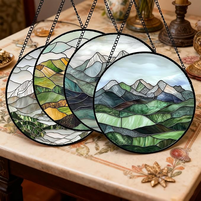 AMDERVEN Stained Glass Window Hanging 4 Pcs Set Mountain River Landscape 7.8"