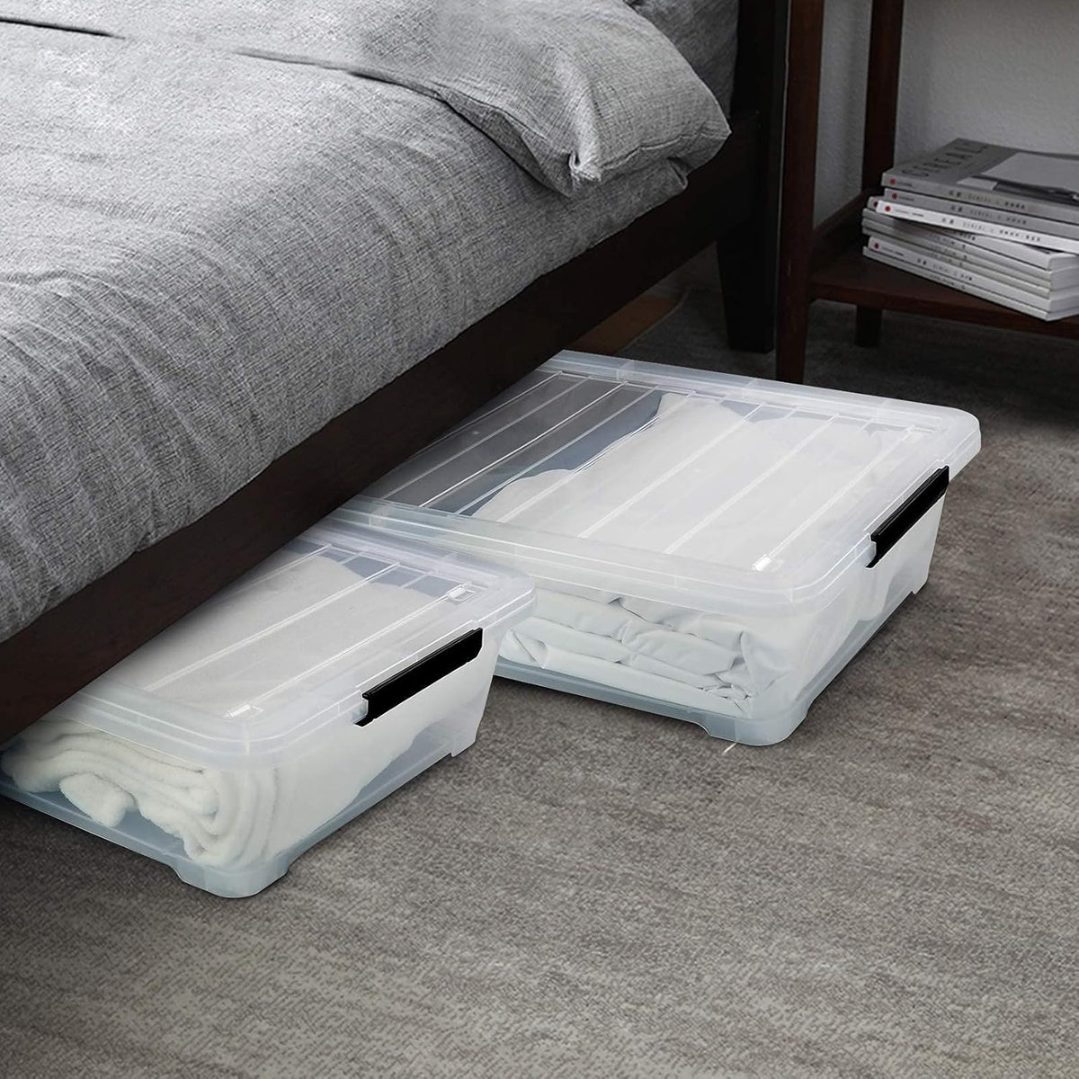 3-Pack Plastic Under Bed Storage Box Container, 40 Quart Clear Stackable Storage Box Wheeled Latching Box