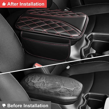 Car Center Console Cover Fit for Jeep Cherokee - Leather Armrest Covers with 2 Storage Pockets(Black&Red)