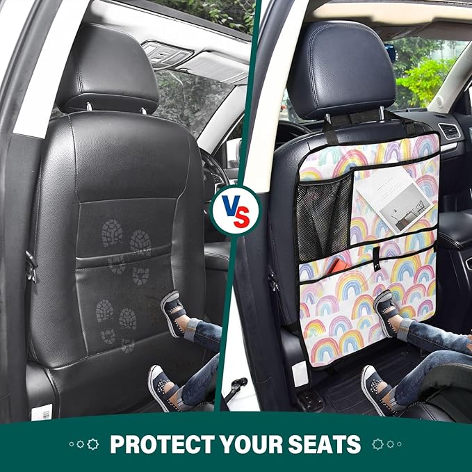2 Pack Back Seat Car Organizer with Storage Pockets Kick Mats Back Seat Protector Hanging Car Organizer Automotive Seat Back Cover Organizers Gradient Cute Rainbows