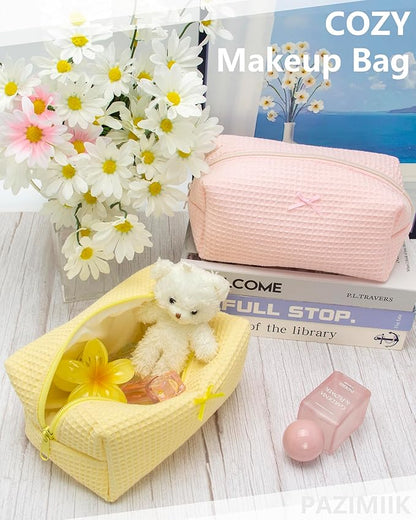 PAZIMIIK Cozy Makeup Bag Travel Cosmetic Bag for Women Soft Toiletry Bag Aesthetic Makeup Organizer Portable Large Zipper Pouch for Skincare Beauty Accessories Brushes Waffle Check Yellow