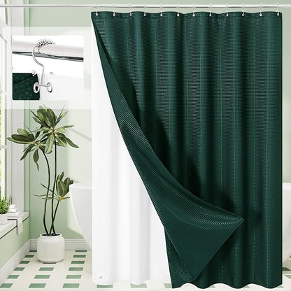 Craidlela 3 in 1 Long Dark Green Shower Curtain Set-72 W x 78 H, Modern Waffle and PEVA Liner Set with 12 Stainless Steel Hooks, Waterproof Fabric for Bathroom