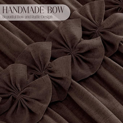 XOGUIBO Ruffle Shower Curtain with Handmade Bow Tie, Brown Linen Vintage Farmhouse Shower Curtain for Bathroom, 72" W x 72" H