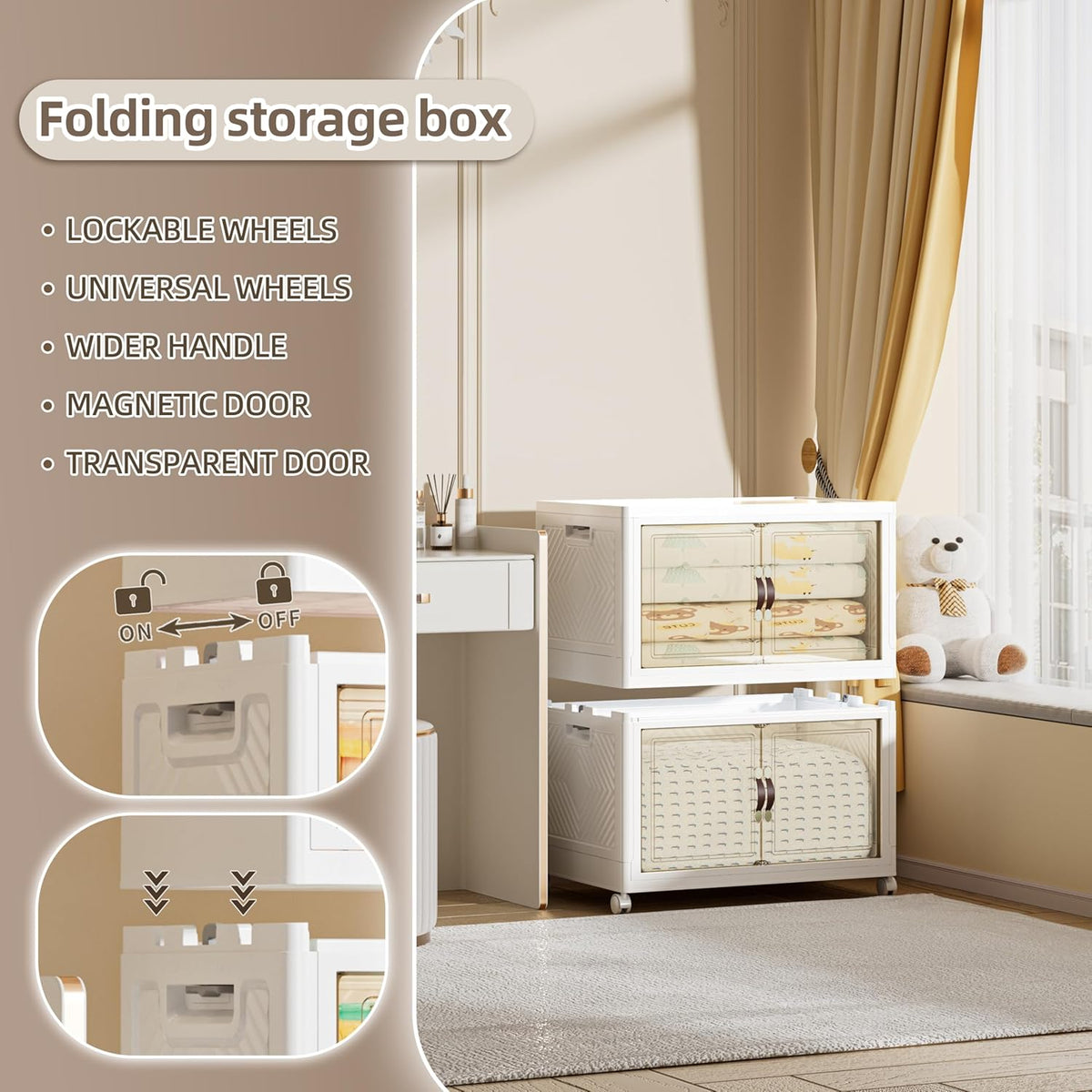 208 QT / 52 Gal Large Foldable Stackable Plastic Storage Cabinet with Double Magnetic Doors, Leather Handles & 4 Wheels - Organize Home, Office, Closet