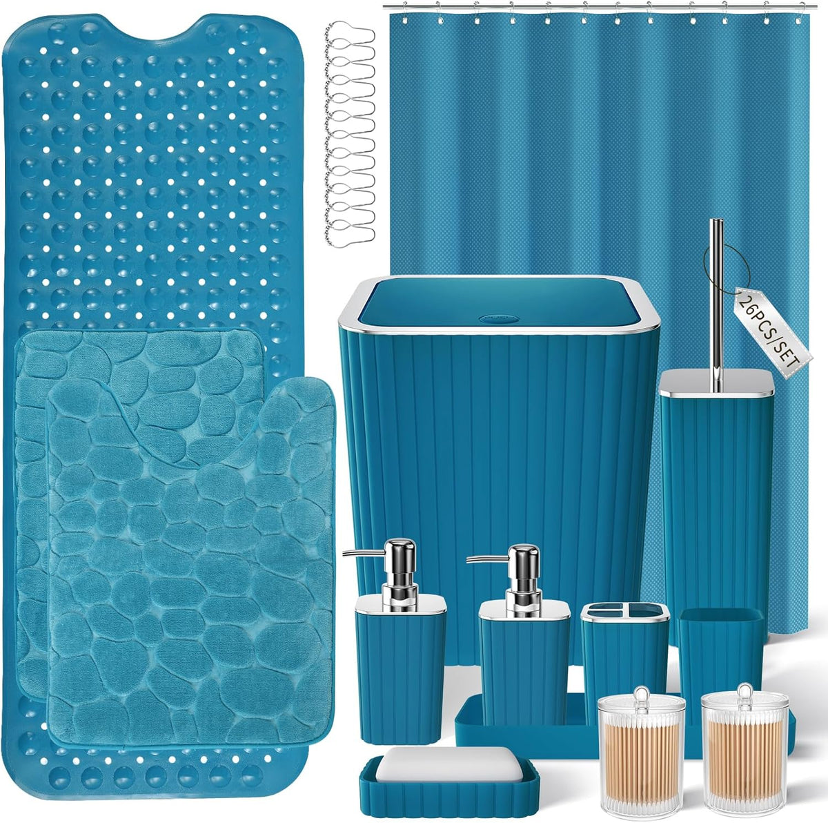 Bathroom Accessories Set - 26PC Gorgeous Teal Bathroom Set, Bathroom Accessory Set, Shower Curtain Set with Bathtub Mats for Shower Tub, Trash Can & Soap Dispenser