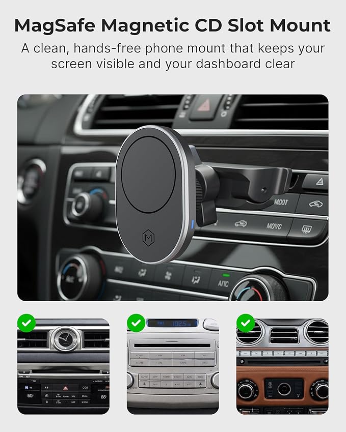 15W MagSafe Car Mount CD Slot Charger, Wireless Car Charger Phone Holder, Magnetic CD Mount Charger with N52 Magnet, Fast Charging, 360 Rotation, Compatible with iPhone 14/15/16/17/Galaxy