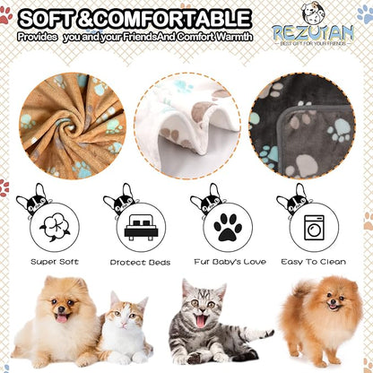 Rezutan Dog Blanket for Large Dogs, Upgraded 3 Pack Dog Cat Flannel Blankets Washable, Soft Pet Mat Throw Cover Suitable for Kennel Crate Bed, Cute Paw Pattern, Grey/Brown/White, 31" x 41"
