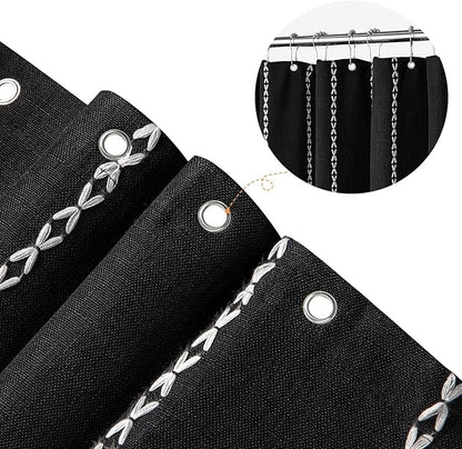 MitoVilla Boho Long Shower Curtain 72 x 78, Black Farmhouse 78 inch Long Polyester Linen Fabric Shower Curtains with Tassel for Chic Cottagecore French Rustic Bathroom Decor