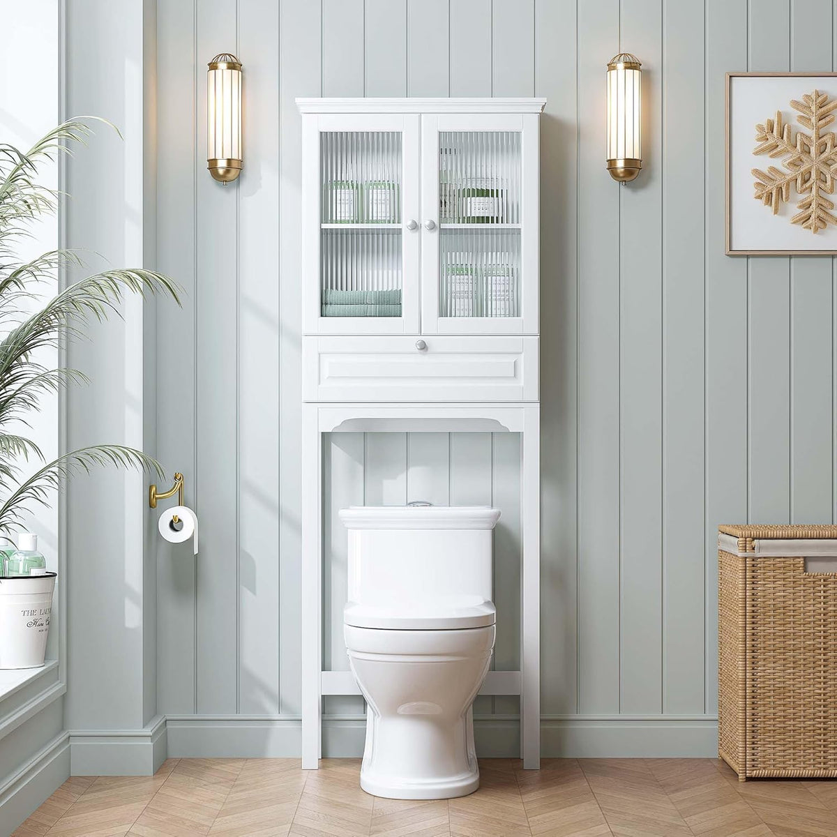 Spirich Over The Toilet Storage Cabinet with Muro Glass Doors, Over Toilet Bathroom Organizer with Tilt-Out Cube and Adjustable Shelf, White