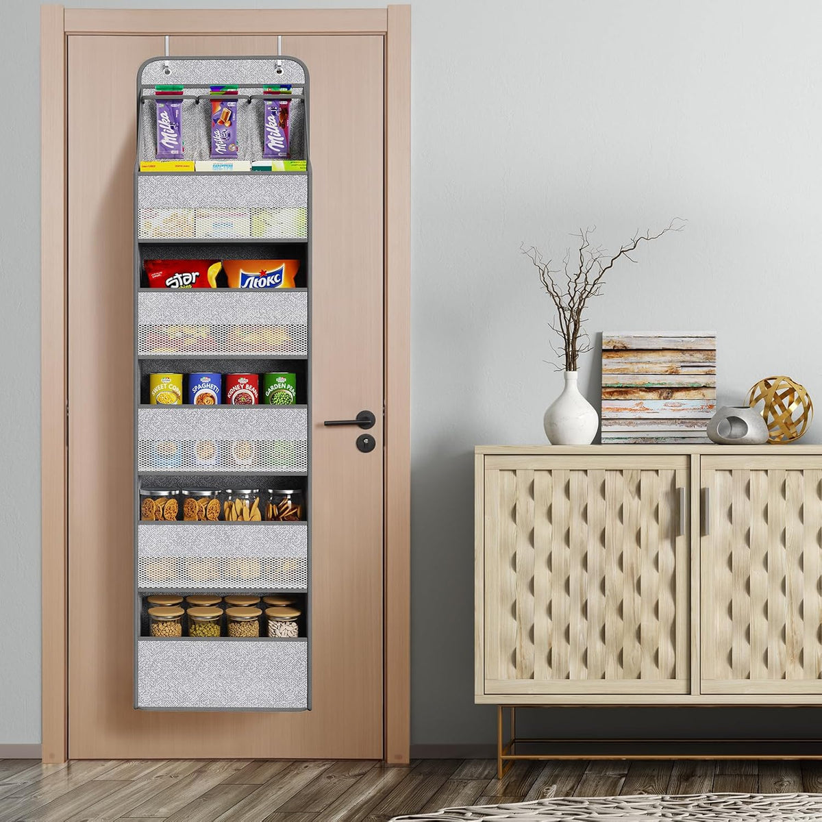 Univivi 6-Shelf Over Door Hanging Organizer Fabric Baby Door Storage with 5 Large Pockets and 3 Small PVC Pockets Wall Mount Hanging Storage Organizers for Baby Essential (Grey Pattern)