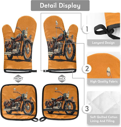 Motorcycle Theme Oven Mitts and Pot Holders Sets, 2 Pcs Decorative Kitchen Oven Glove for Cooking
