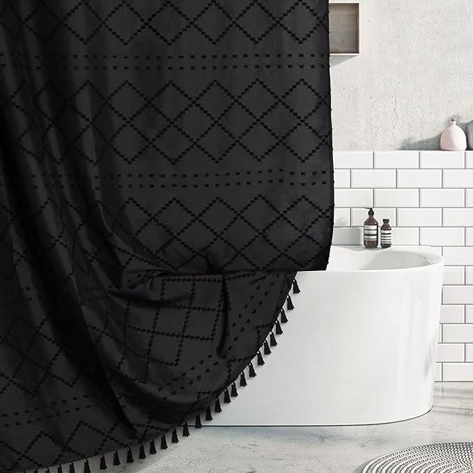 Siiluminisoy Black Shower Curtain Boho Fabric Shower Curtain Black Tufted Texture Striped Modern Farmhouse Shower Curtains for Bathroom, 72 x 72