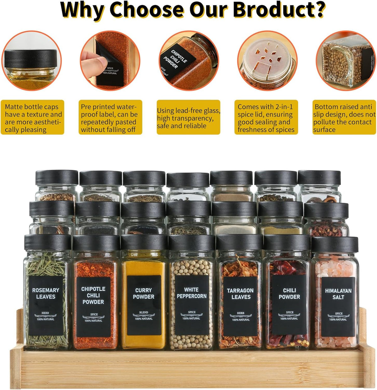 24Pcs Spice Jars Containers with Labels，4oz Black Seasoning Bottles with Shaker Lids for Rack, Cabinet, Drawer,Empty Square Condiment Pots (24, Black)