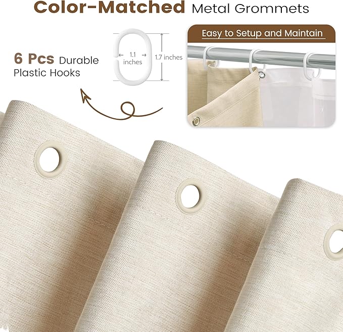 BTTN Stall 3 in 1 Shower Curtain Set, Small Linen Textured Fabric Shower Curtain and Clear Liner Set with 6 Hook, Half Modern Hotel Luxury Waterproof Shower Curtain for Bathroom, Cream/Beige, 36x72