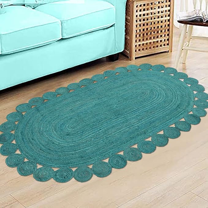 Runner - Oval Rug 4x20 Area Rug Kilim Rug Turquoise Solid Design 0.27 inches ThickIndoor Outdoor Rug Flatweave Rug High Traffic Area Home & Foyer Corridor Hallway & Stair Runner
