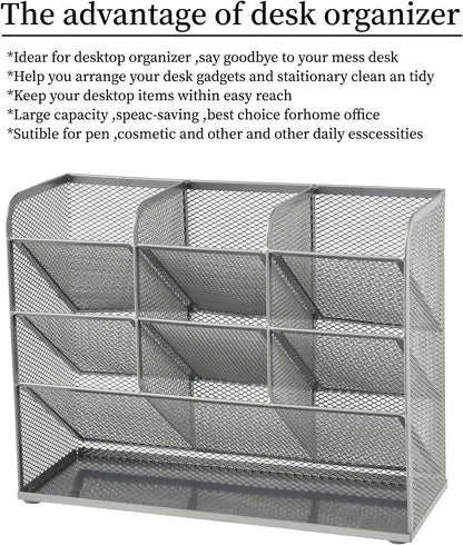 Marbrasse Mesh Desk Organizer, Multi-Functional Pen Holder, Desktop Stationary Organizer, Storage Rack for School, Home, Office, Art Supplies (Mesh Pen Holder-Silver)