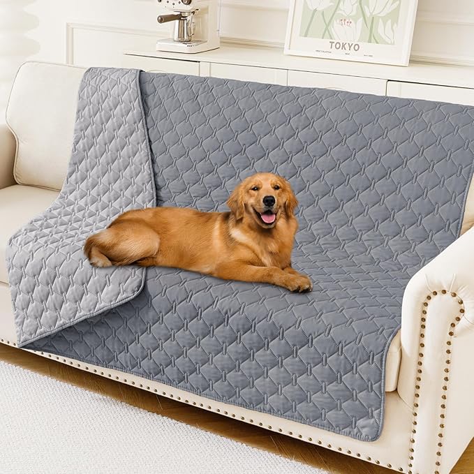 Smiry Waterproof Dog Bed Cover Blanket, Soft Reversible Pet Blanket, Washable Leakproof Cats Dogs Couch Cover for Sofa, Couch, Furniture, Plaid (52x82 Inch, Grey/Light Grey)