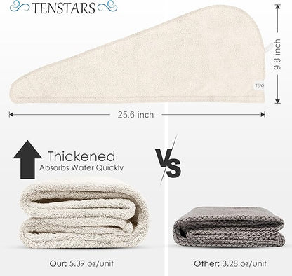 TENSTARS 5 Pack Thicken Microfiber Hair Towel Wrap for Women - Elastic Loop Design - 320GSM Coral Velvet - Quick Dry Hair Turban - 11x28 Inch (Cream)